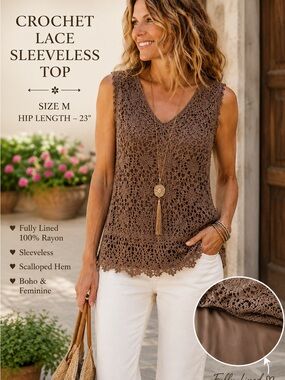Crochet Lace Tunic Top | Lined Boho Sleeveless Top | Medium